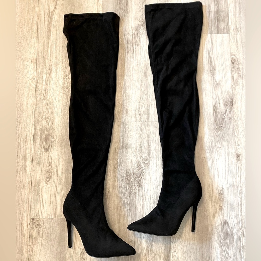 Over The Knee Stiletto Heel Boots Thigh High Black Faux Suede Pointed Toe sz 7.5